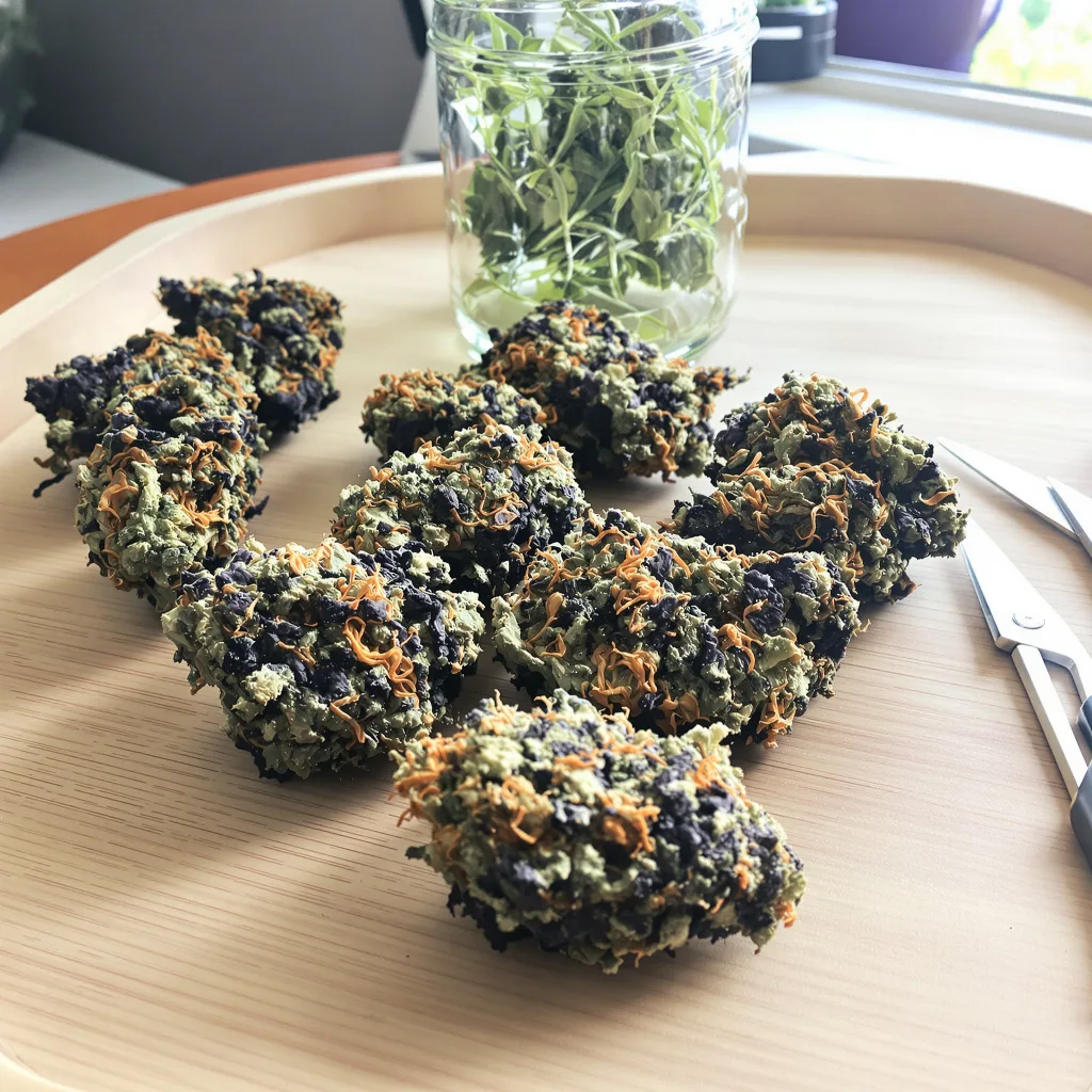 American Kush 76% indica / 24% sativa — flor con tricomas visibles