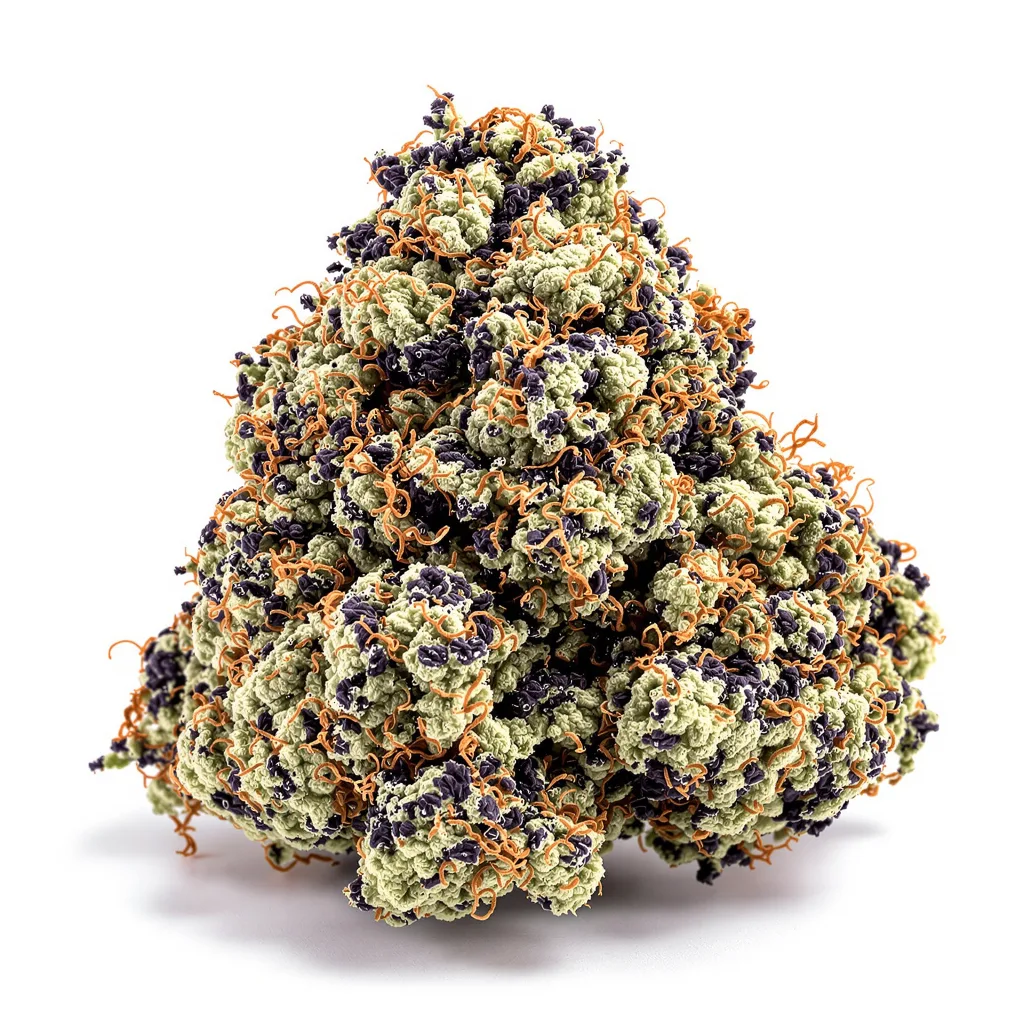 American Kush 76% indica / 24% sativa — flor con tricomas visibles