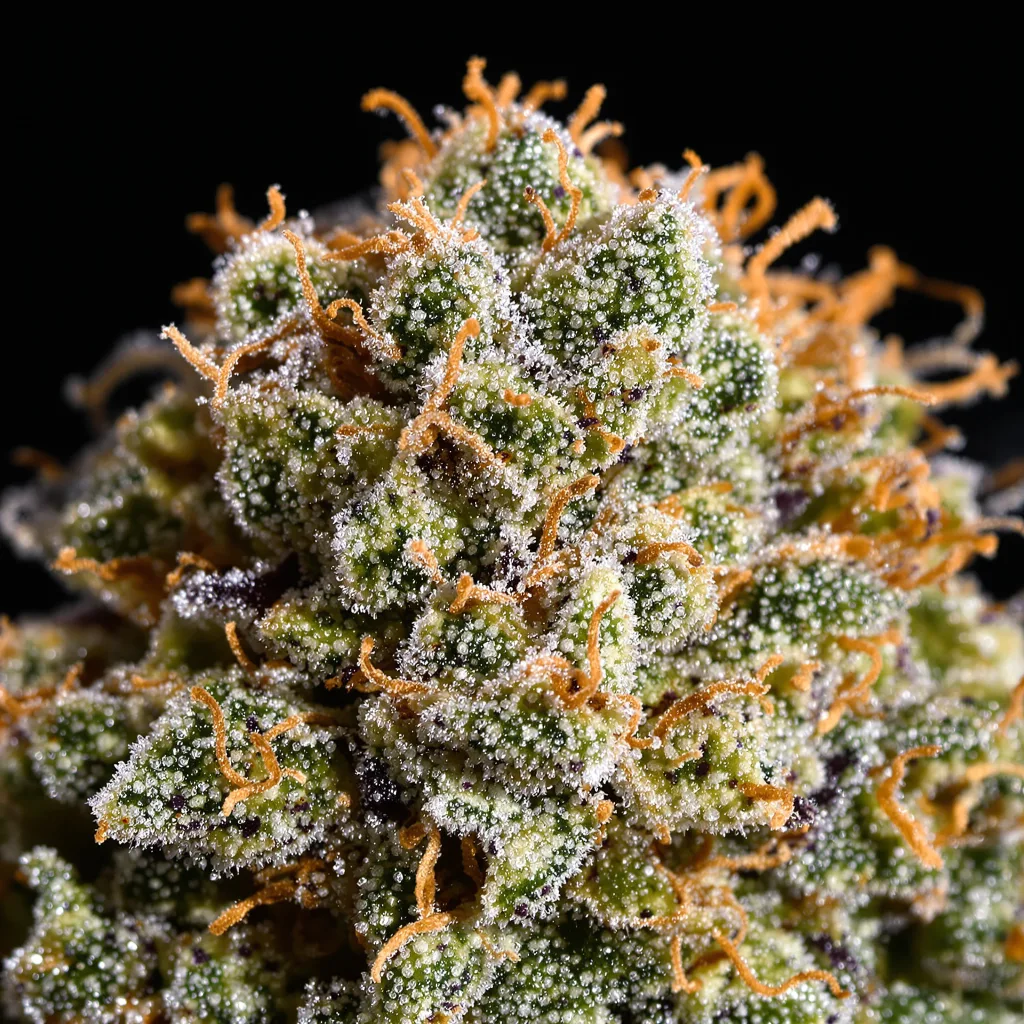 Primer plano de cogollo de cannabis American Strains Pack mostrando estructura abierta con pistilos naranjas