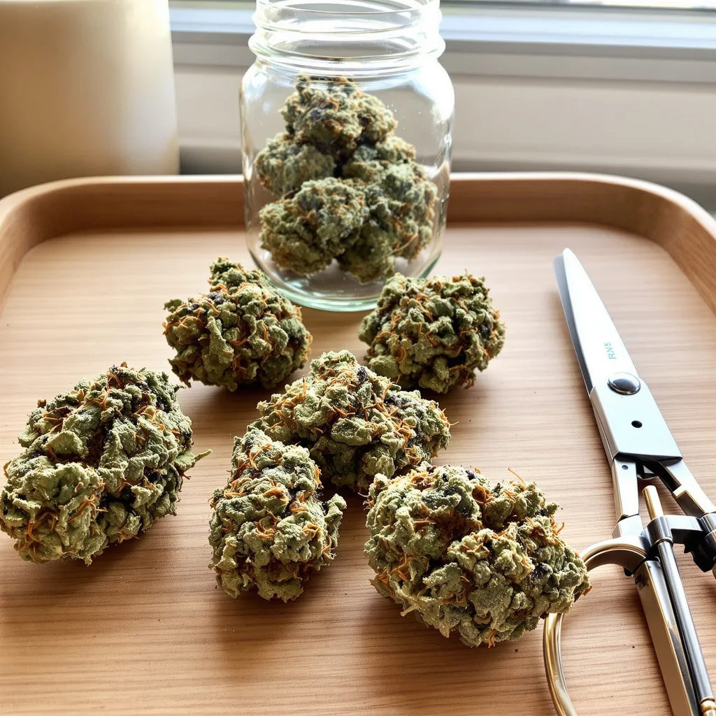 Amethyst 51% indica / 49% sativa — flor con tricomas visibles