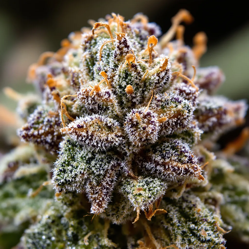 Primer plano de cogollo de cannabis Amethyst mostrando estructura equilibrada con tricomas escarchados