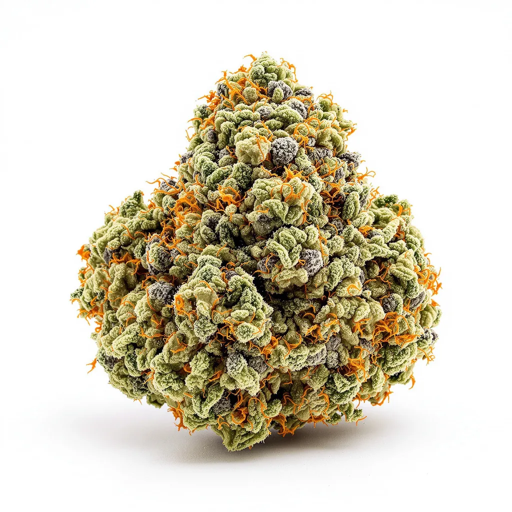 Amethyst 51% indica / 49% sativa — flor con tricomas visibles