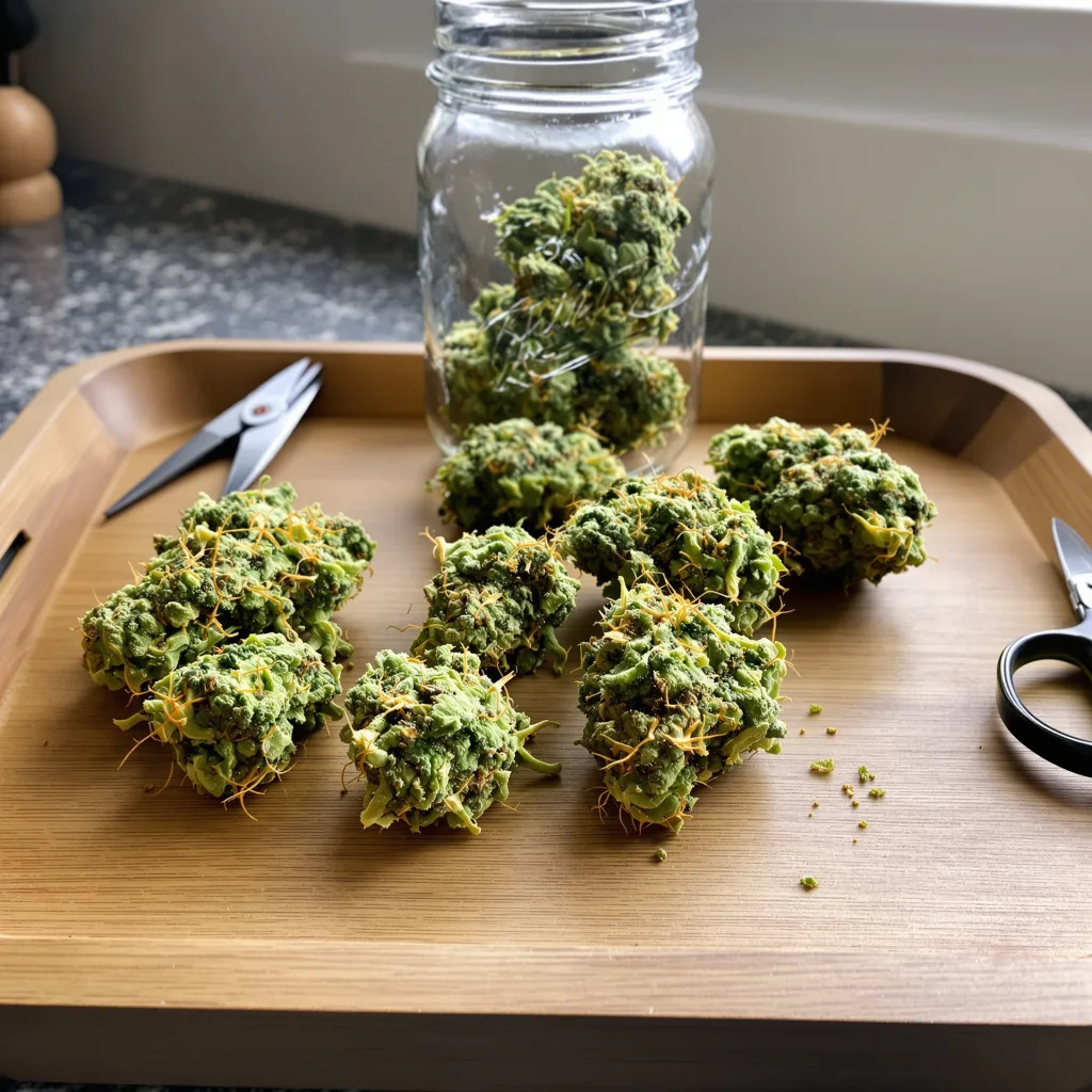 Amherst Diesel 12% indica / 88% sativa — flor con tricomas visibles
