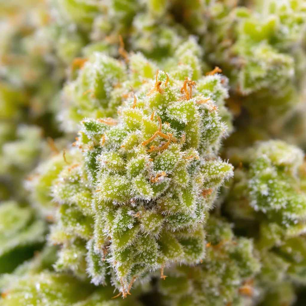 Primer plano de cogollo de cannabis Amherst Diesel mostrando estructura aireada verde lima