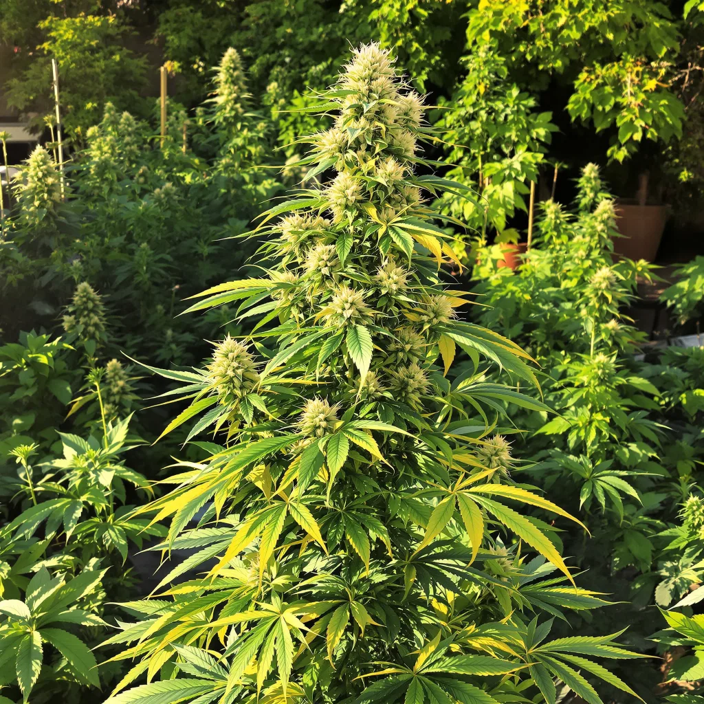 Amherst Diesel 12% indica / 88% sativa — flor con tricomas visibles
