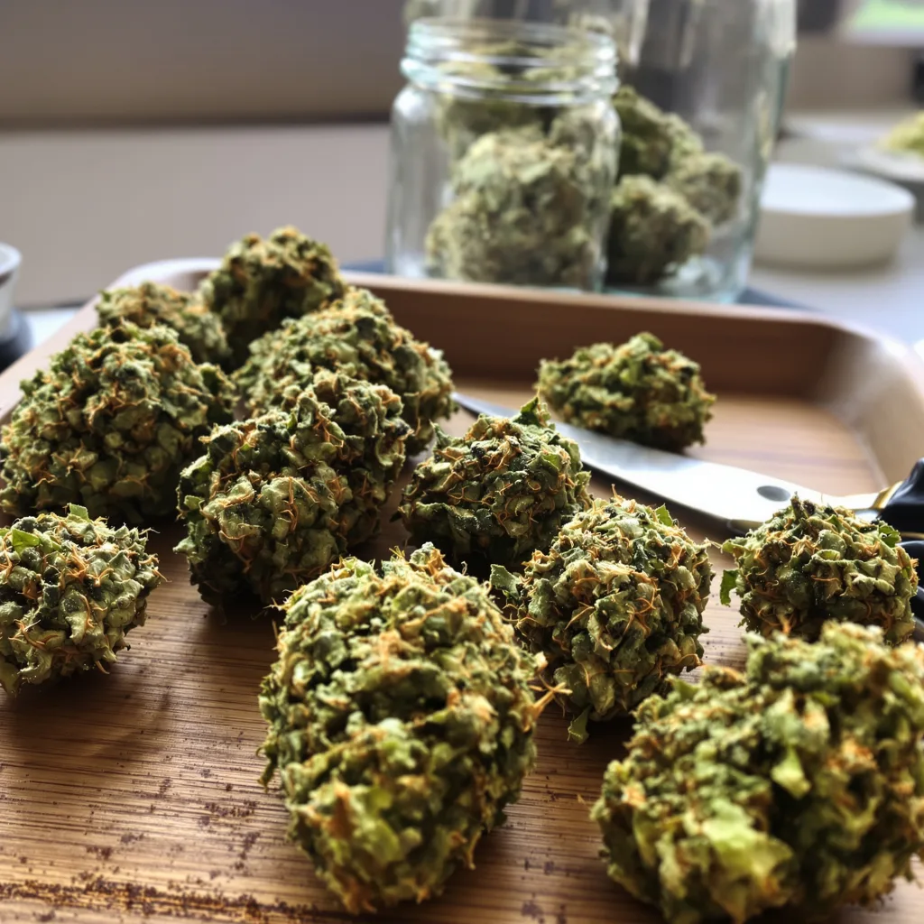 Amnesia 16% indica / 84% sativa — flor con tricomas visibles