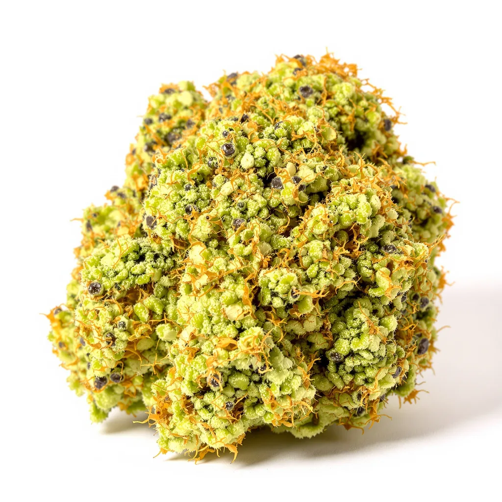 Amnesia 16% indica / 84% sativa — flor con tricomas visibles