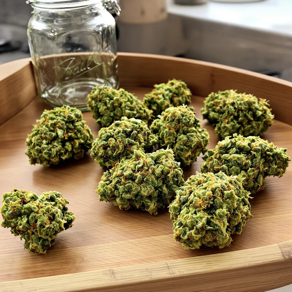 Amnesia 16% indica / 84% sativa — flor con tricomas visibles