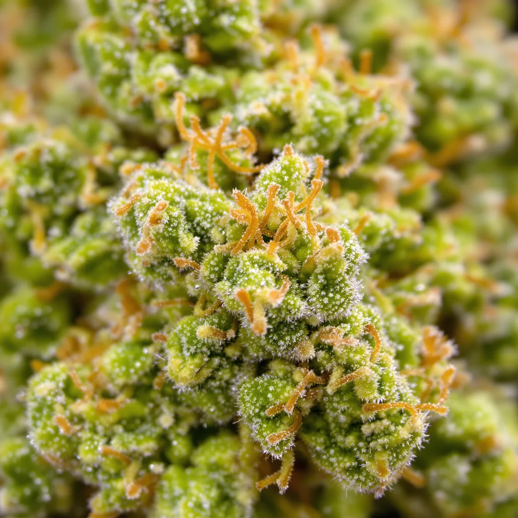 Primer plano de cogollo de cannabis Amnesia mostrando estructura aireada verde lima