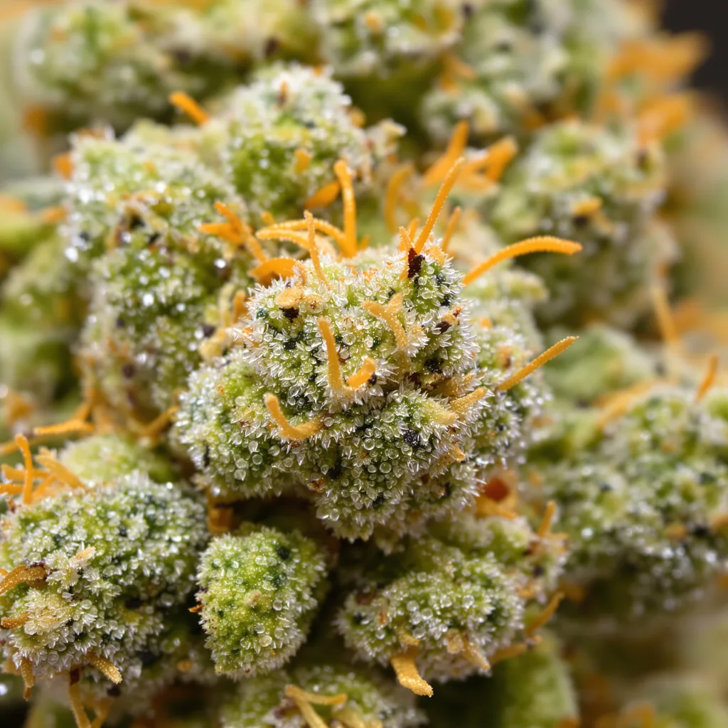 Primer plano de cogollo de cannabis Amnesia Haze mostrando estructura aireada verde lima