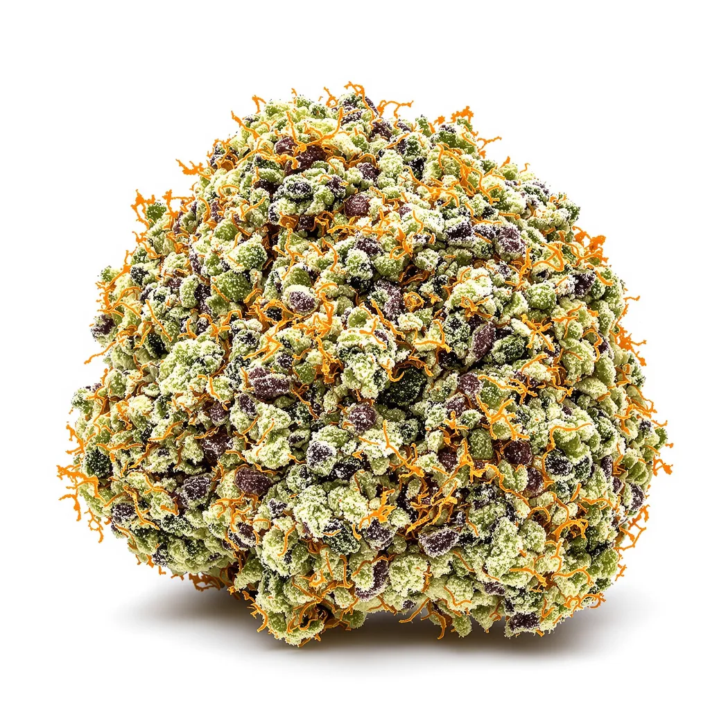 Amnesia Lemon 43% indica / 57% sativa — flor con tricomas visibles