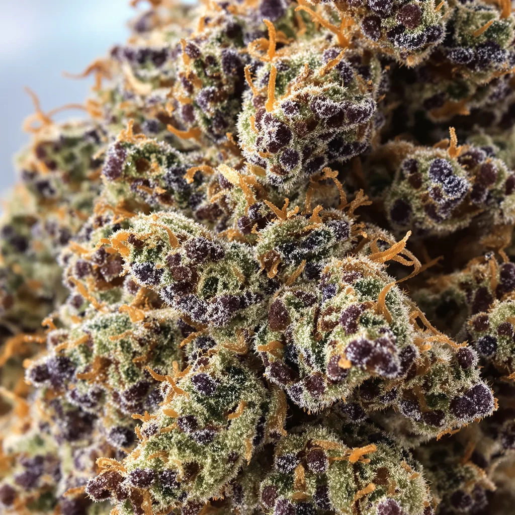 Primer plano de cogollo de cannabis Ancient Kush mostrando cálices densos con tonos morados