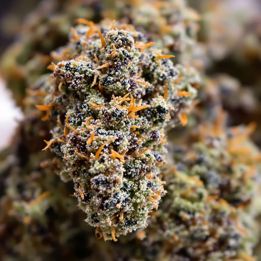 Primer plano de cogollo de cannabis Ancient OG mostrando cálices densos con tonos morados