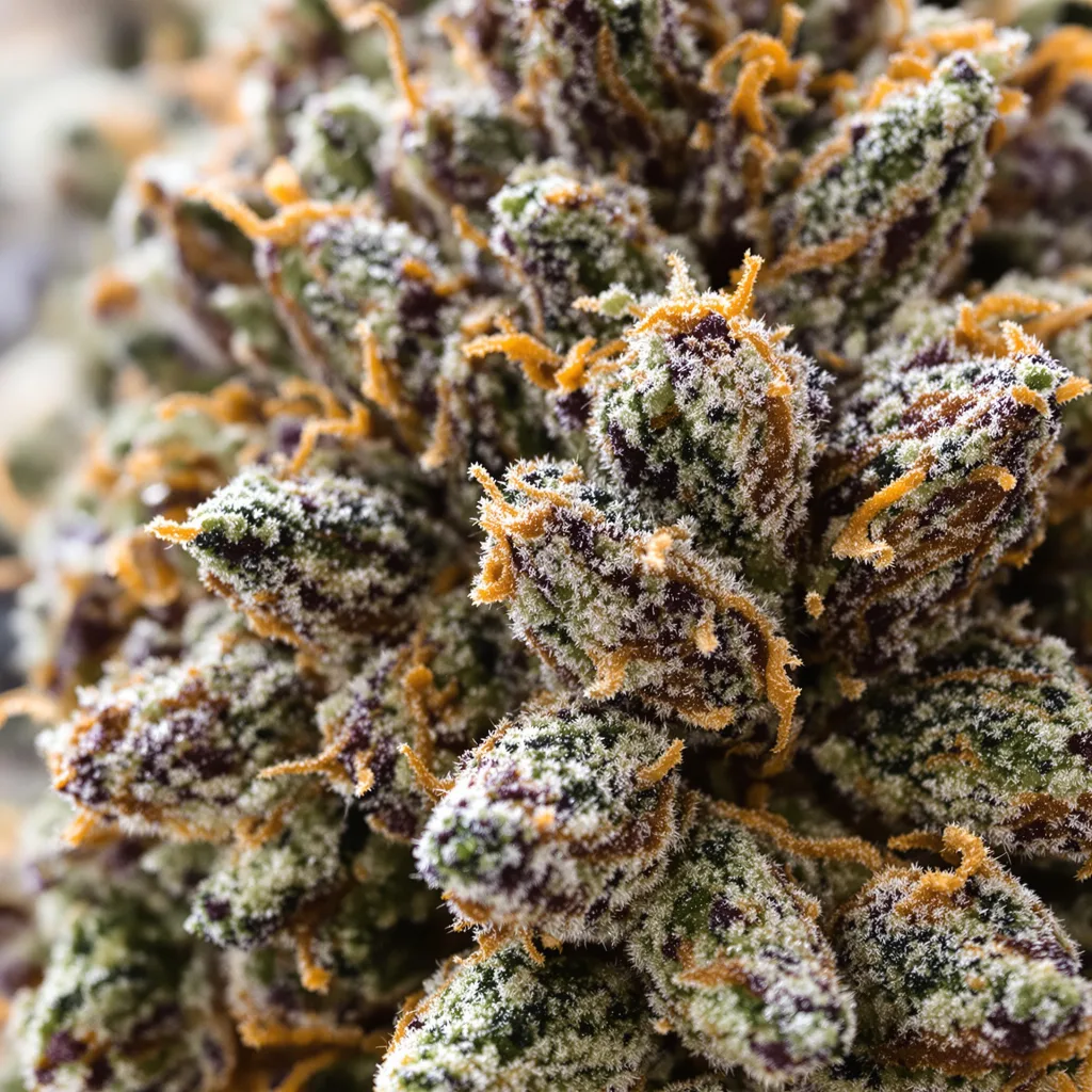 Primer plano de cogollo de cannabis Anesthesia mostrando cálices densos con tonos morados