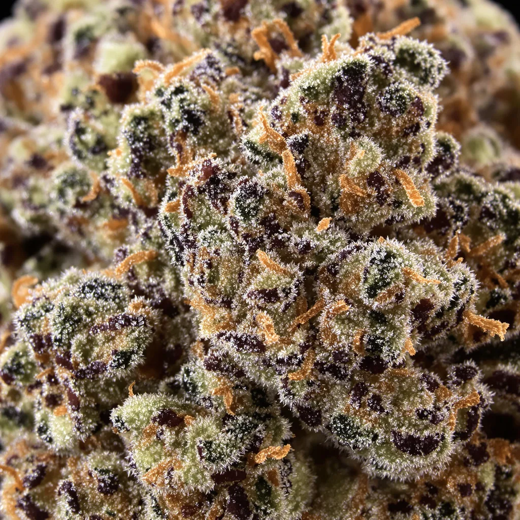 Primer plano de cogollo de cannabis Angel OG mostrando cálices densos con tonos morados