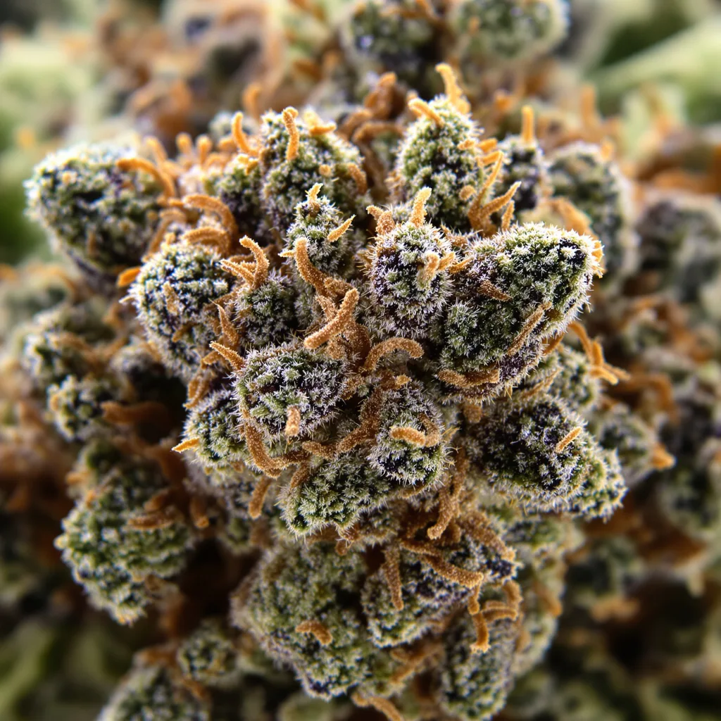 Primer plano de cogollo de cannabis Anonymous OG mostrando cálices densos con tonos morados