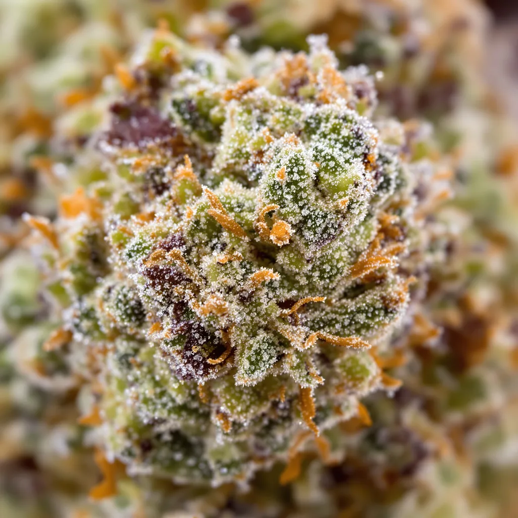 Primer plano de cogollo de cannabis Apple Betty mostrando estructura abierta con pistilos naranjas