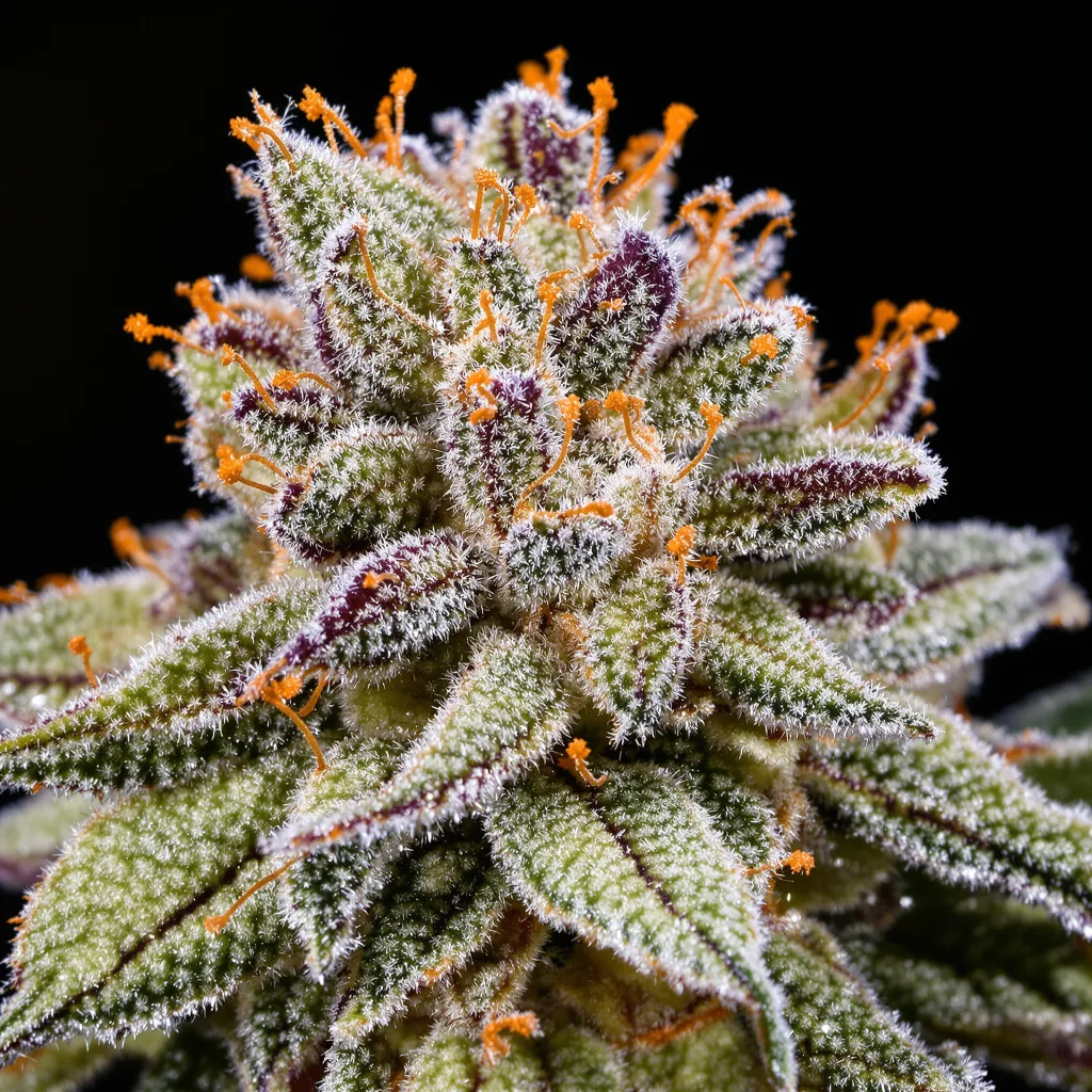Primer plano de cogollo de cannabis Apple Mintz mostrando estructura abierta con pistilos naranjas