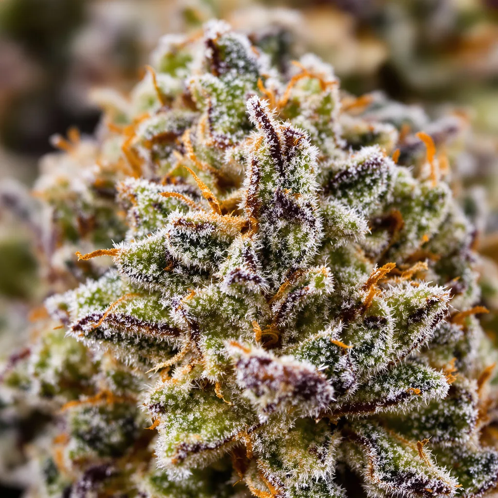 Primer plano de cogollo de cannabis Apple Pie mostrando estructura equilibrada con tricomas escarchados