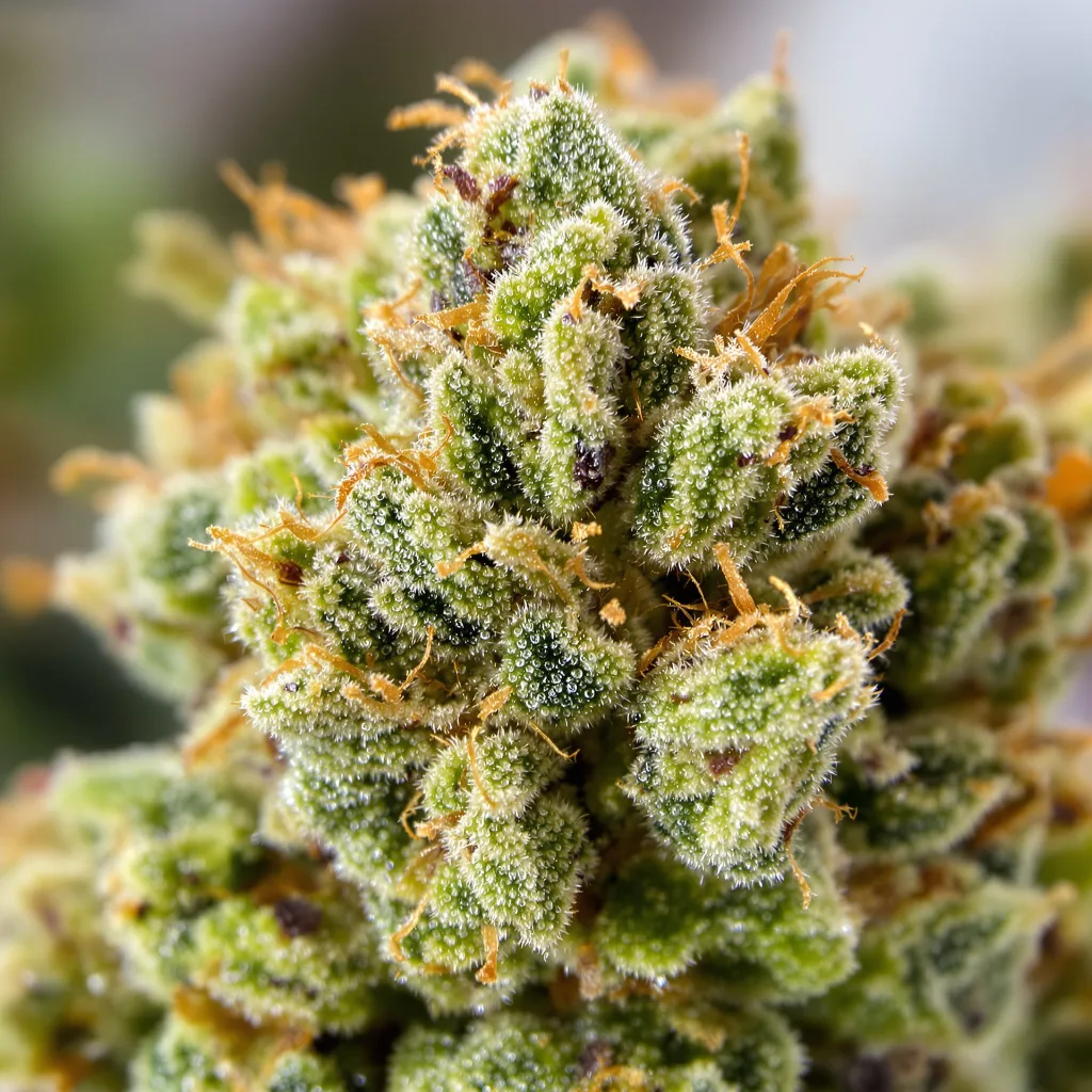 Primer plano de cogollo de cannabis Apple Runtz mostrando estructura aireada verde lima