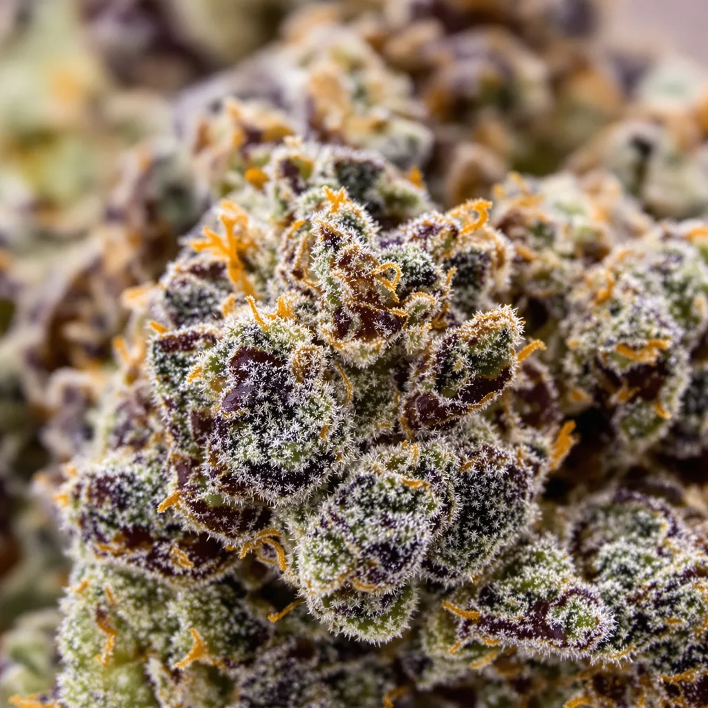 Primer plano de cogollo de cannabis Appleberry mostrando cálices densos con tonos morados