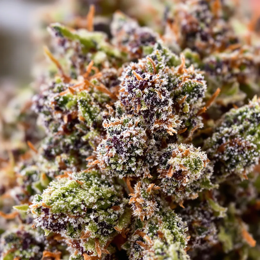 Primer plano de cogollo de cannabis Appleberry mostrando cálices densos con tonos morados