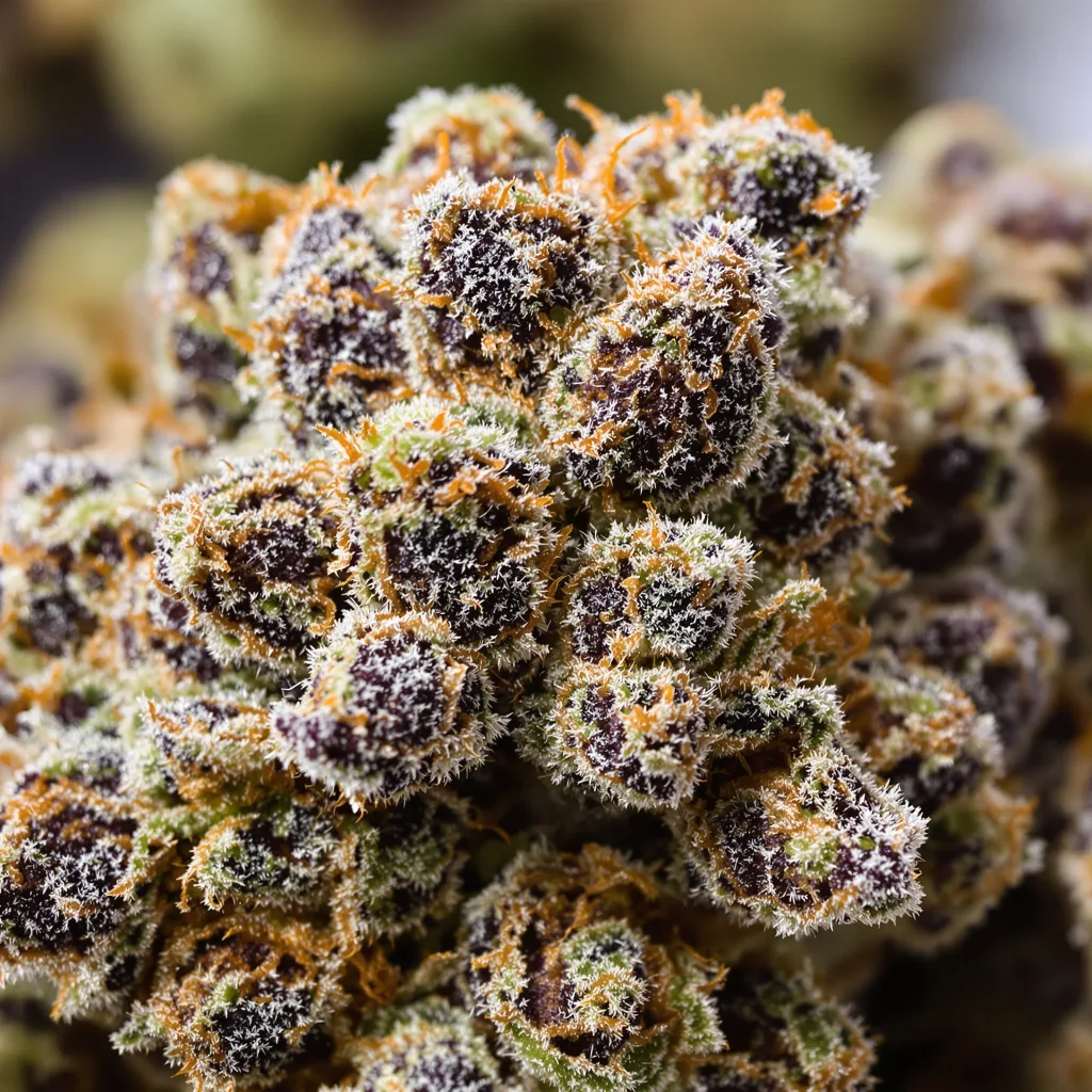 Primer plano de cogollo de cannabis Aspen OG mostrando cálices densos con tonos morados