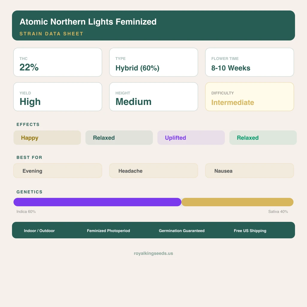 Atomic Northern Lights 60% indica / 40% sativa — flor con tricomas visibles