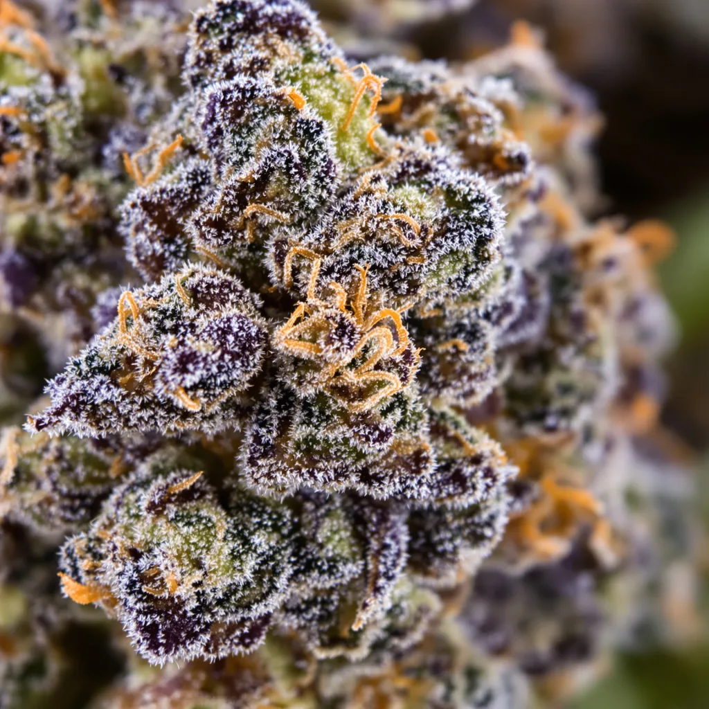 Primer plano de cogollo de cannabis Aurora mostrando cálices densos con tonos morados