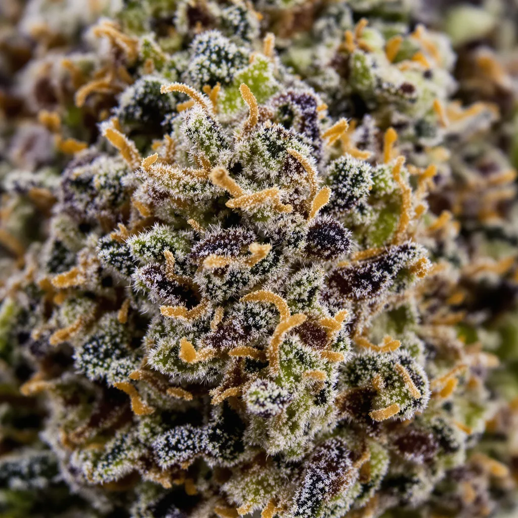 Primer plano de cogollo de cannabis Avalon mostrando cálices densos con tonos morados