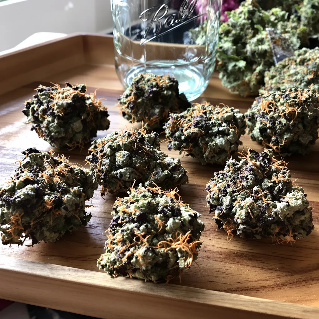 Ayahuasca Purple 73% indica / 27% sativa — flor con tricomas visibles