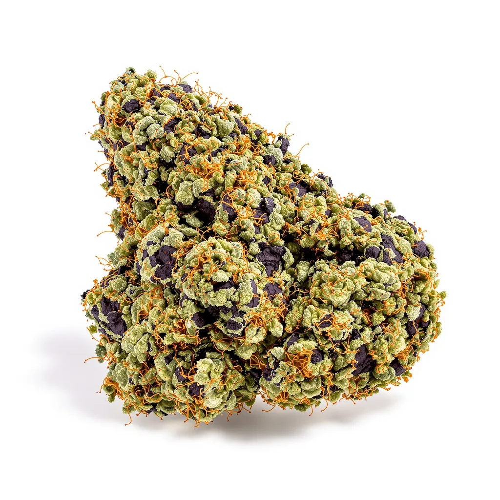 Ayahuasca Purple 73% indica / 27% sativa — flor con tricomas visibles