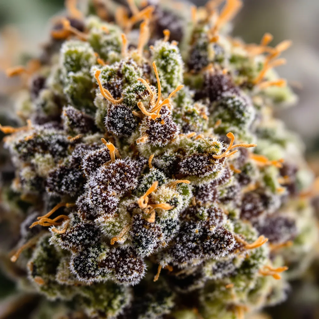 Primer plano de cogollo de cannabis Ayahuasca Purple mostrando cálices densos con tonos morados
