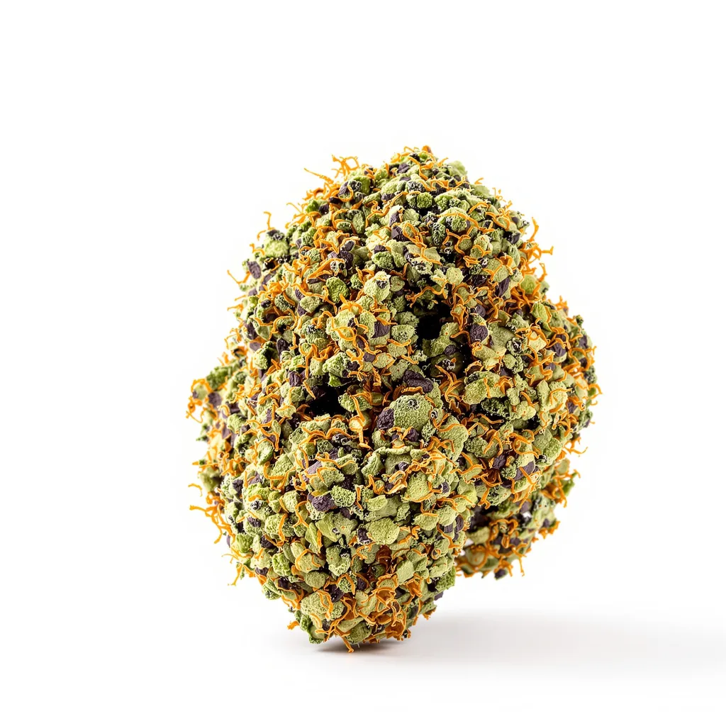 Ayahuasca Purple 73% indica / 27% sativa — flor con tricomas visibles