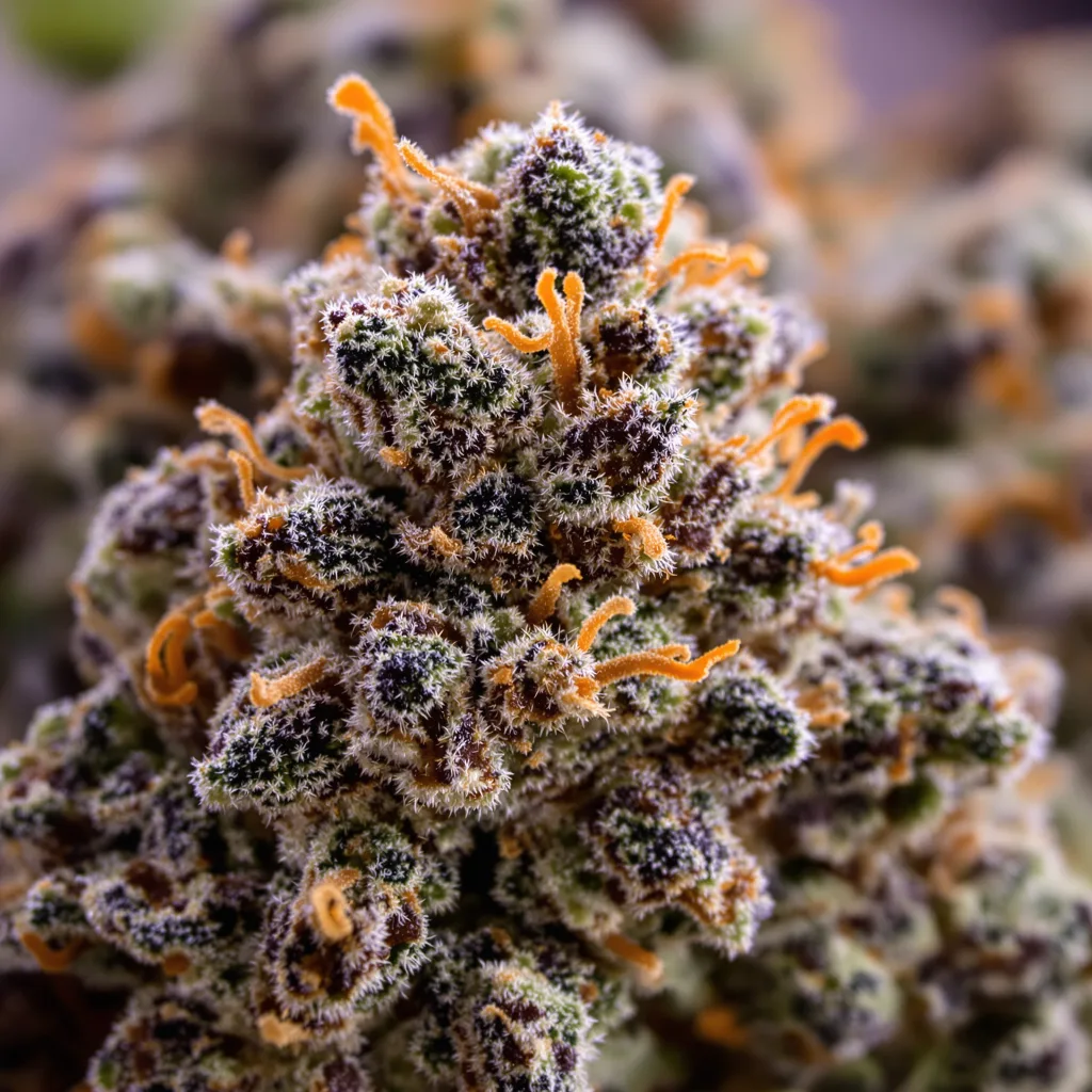 Primer plano de cogollo de cannabis B-52 mostrando cálices densos con tonos morados