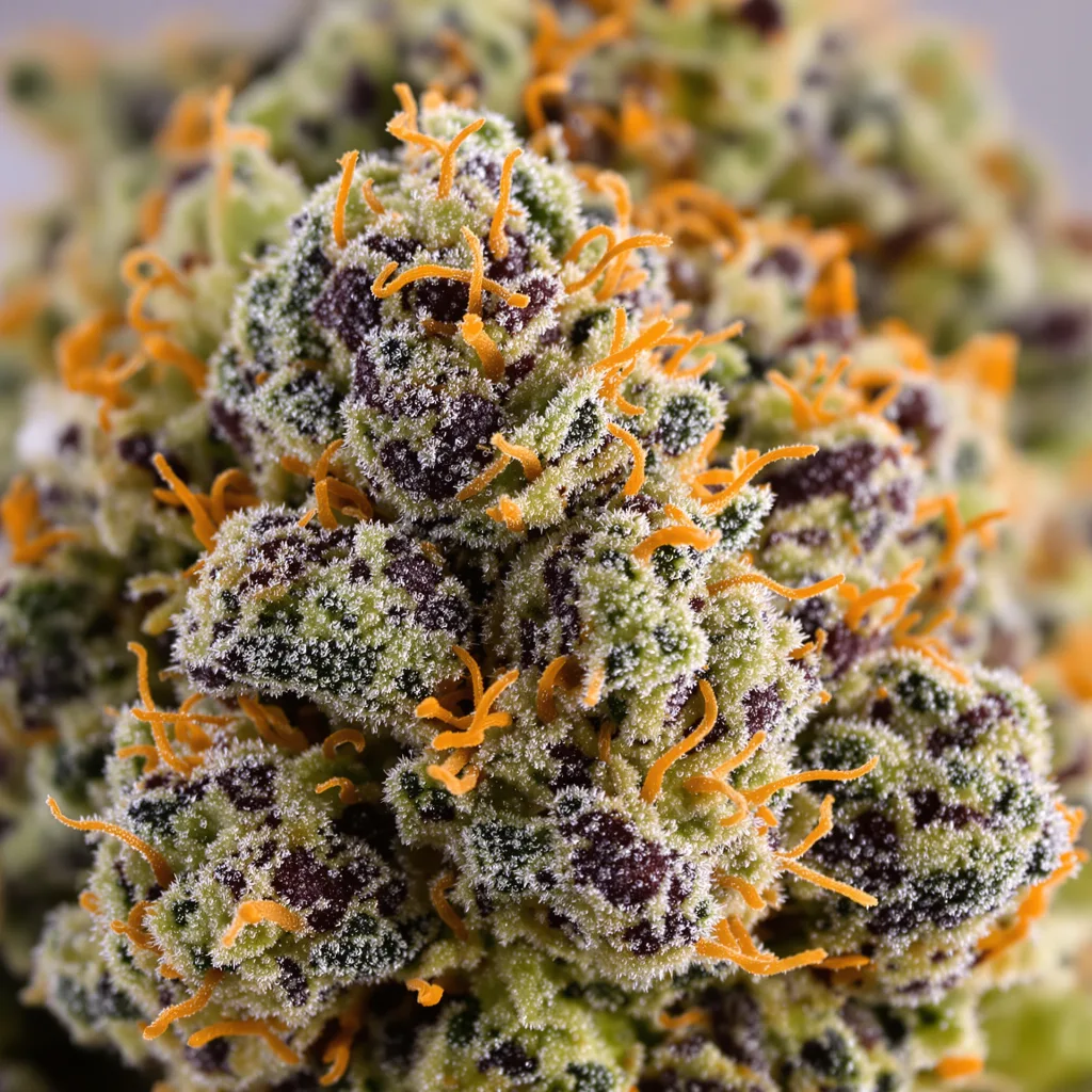 Primer plano de cogollo de cannabis Badazz Cheese mostrando cálices densos con tonos morados