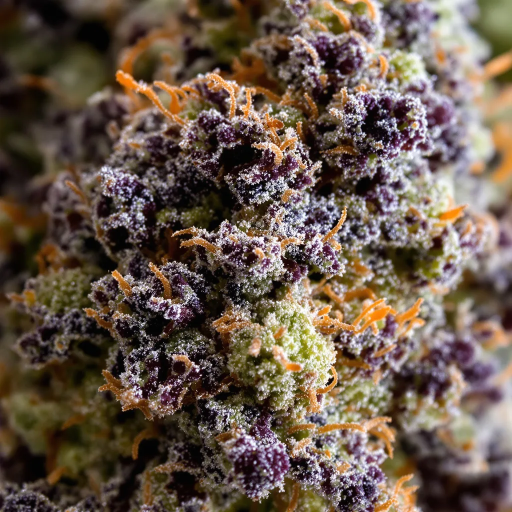 Primer plano de cogollo de cannabis Badazz Rolex mostrando cálices densos con tonos morados