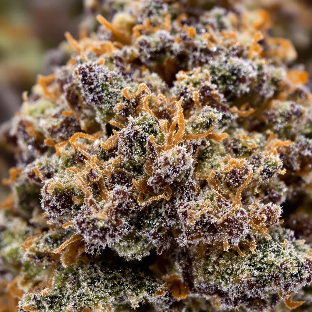 Primer plano de cogollo de cannabis Baked Apple mostrando cálices densos con tonos morados