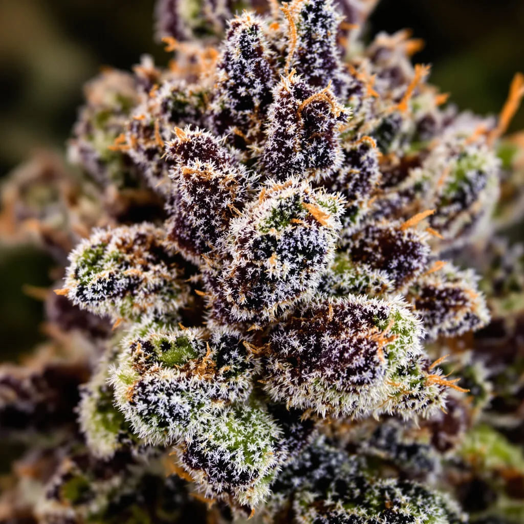 Primer plano de cogollo de cannabis Bakerstreet mostrando cálices densos con tonos morados