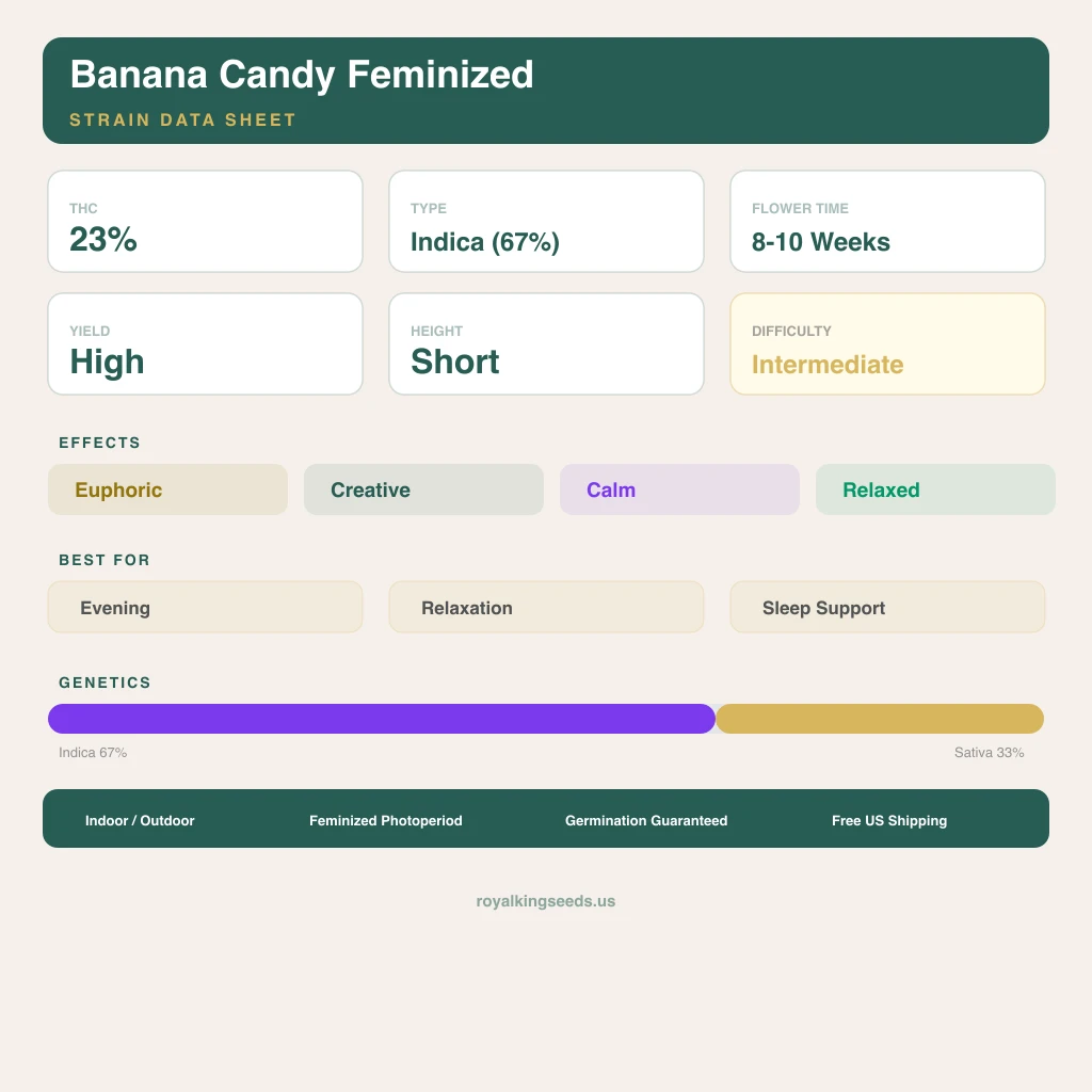 Banana Candy 67% indica / 33% sativa — flor con tricomas visibles