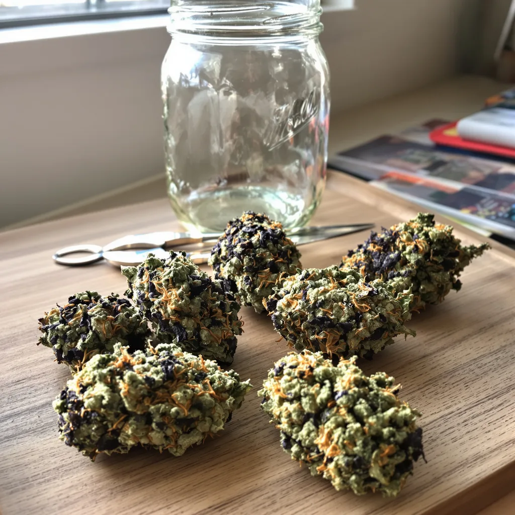 Banana Cream OG 73% indica / 27% sativa — flor con tricomas visibles
