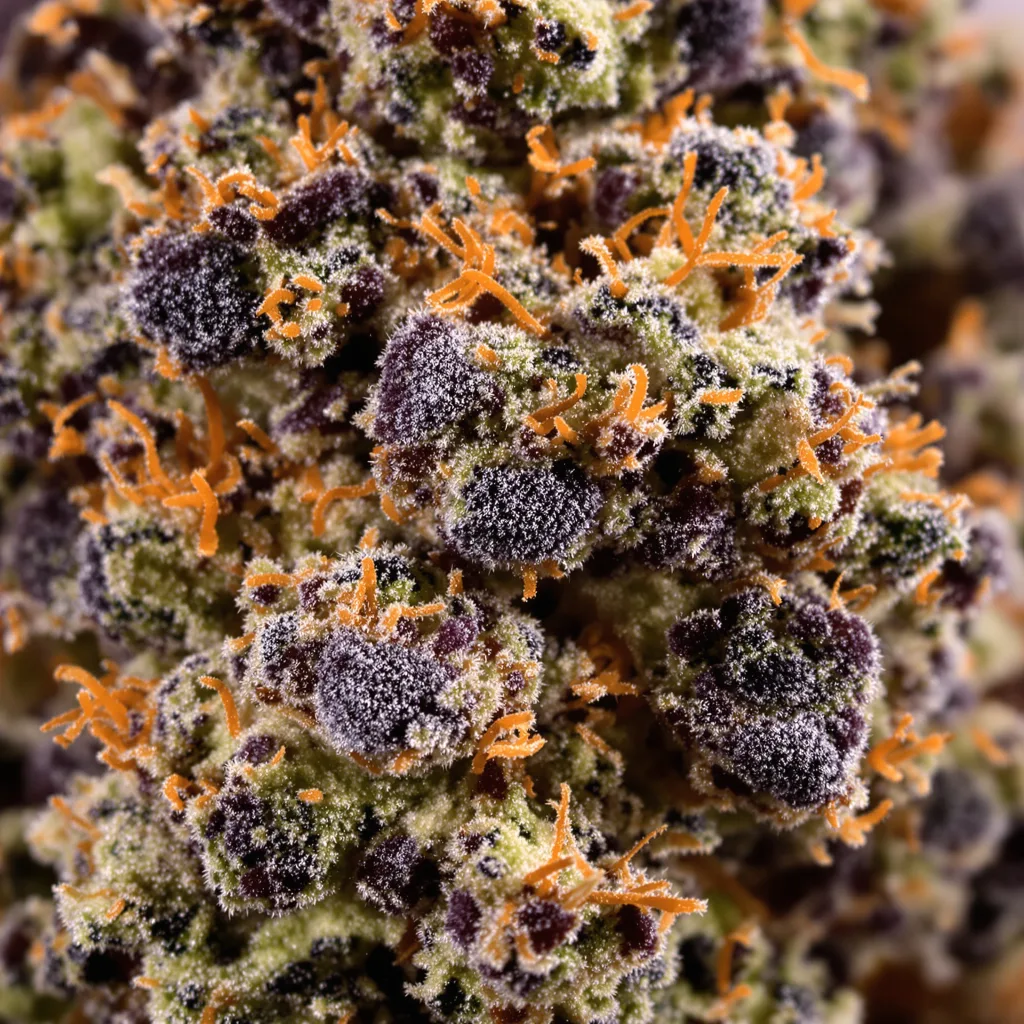 Primer plano de cogollo de cannabis Banana Cream OG mostrando cálices densos con tonos morados