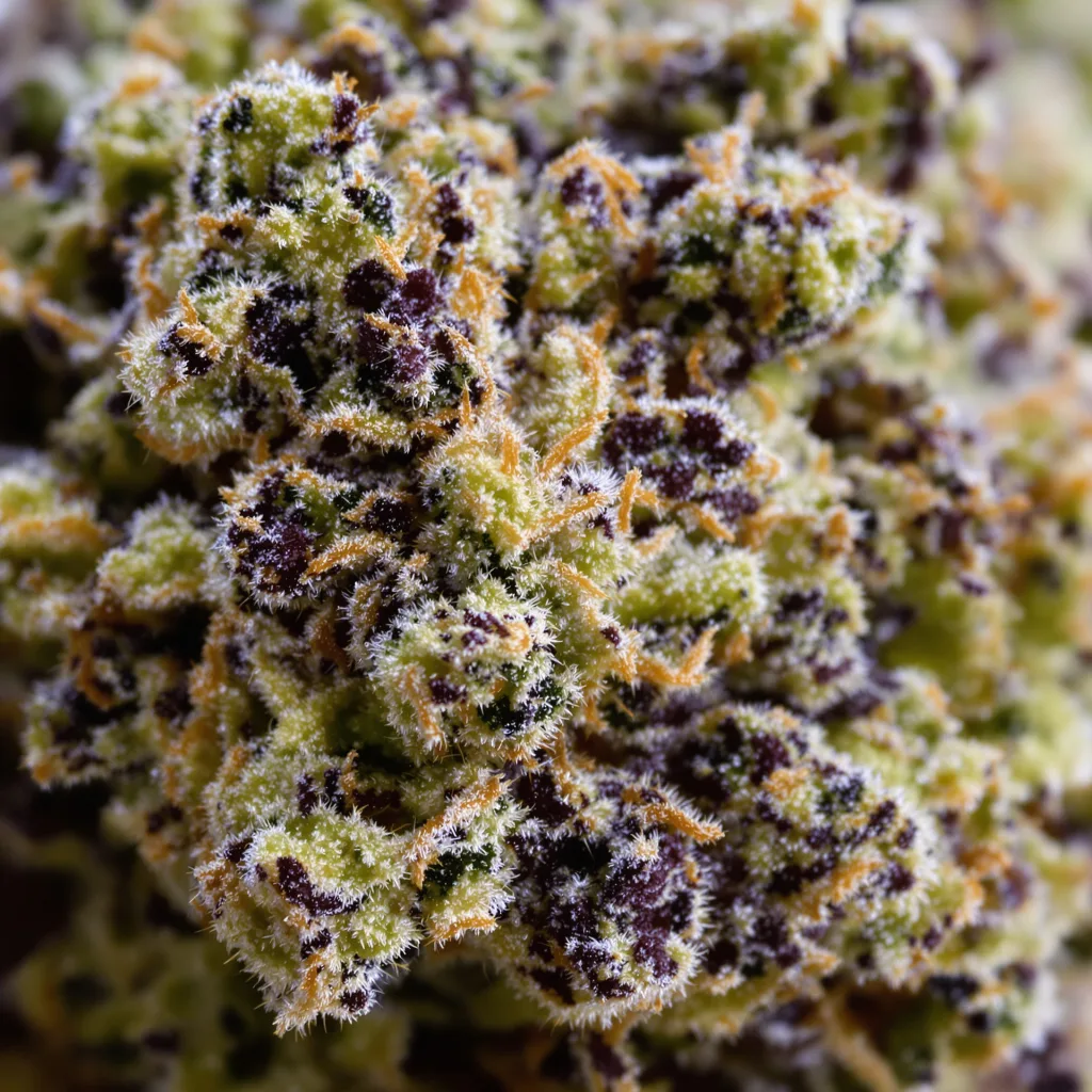 Primer plano de cogollo de cannabis Banana Cream OG mostrando cálices densos con tonos morados
