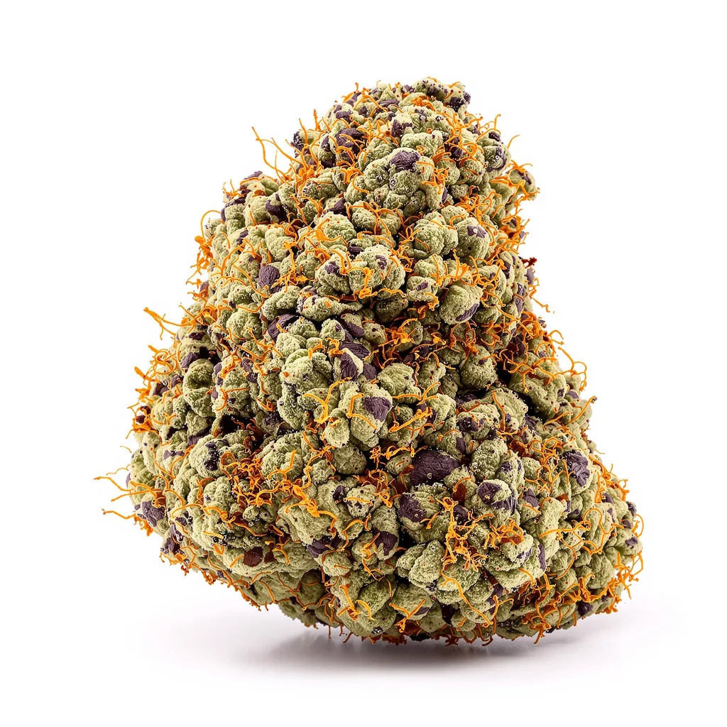 Banana Cream OG 73% indica / 27% sativa — flor con tricomas visibles