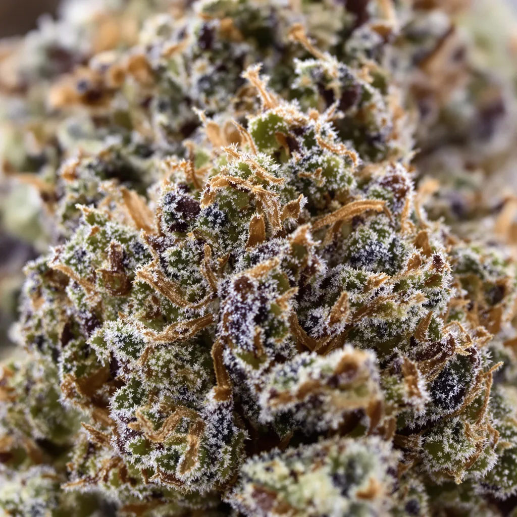 Primer plano de cogollo de cannabis Banana Diesel mostrando cálices densos con tonos morados