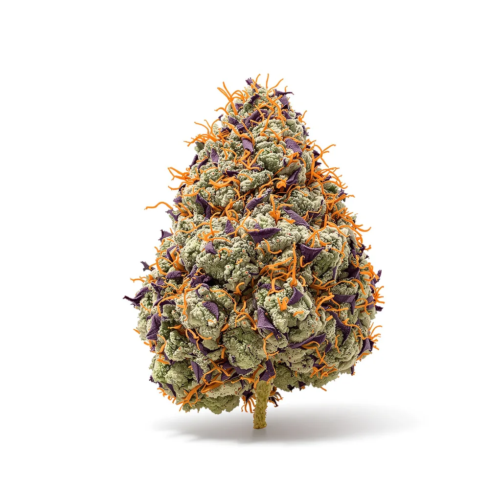 Banana Kush 76% indica / 24% sativa — flor con tricomas visibles