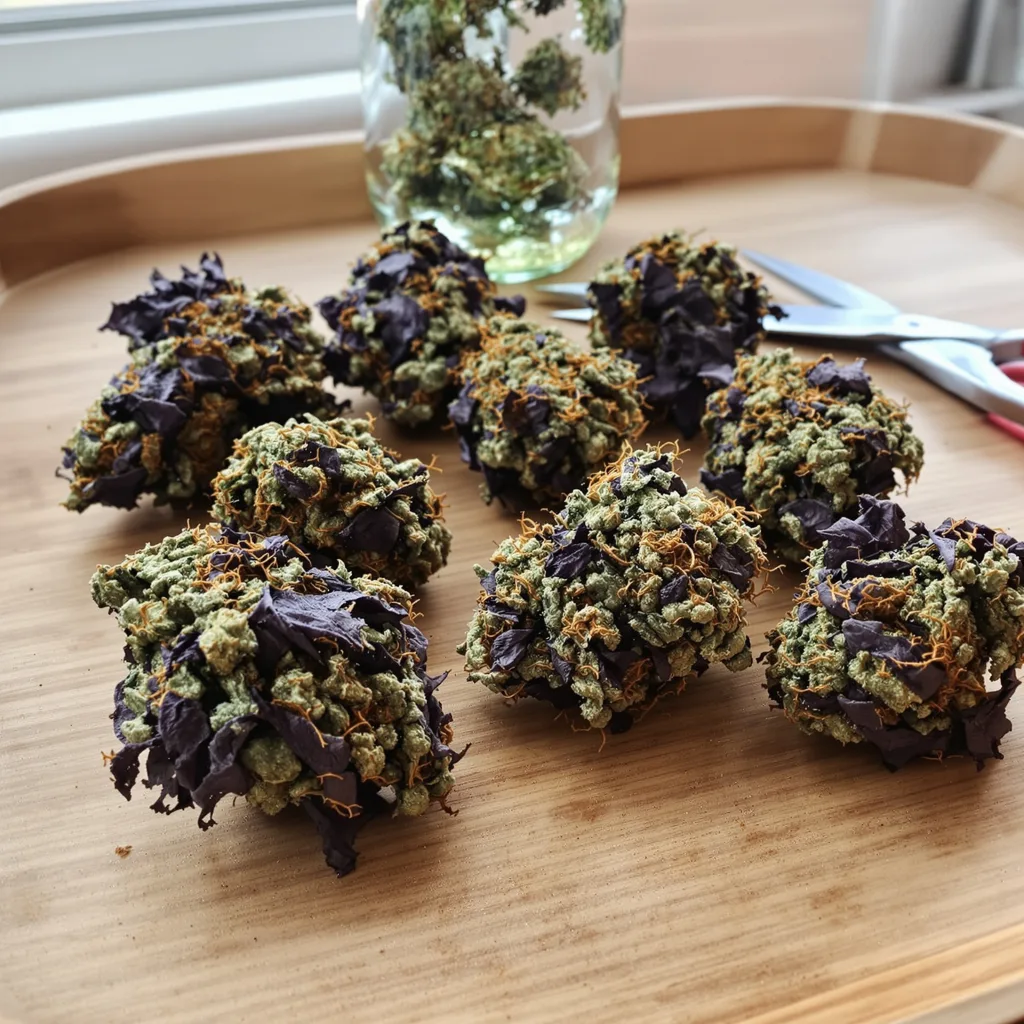 Banana Kush 76% indica / 24% sativa — flor con tricomas visibles