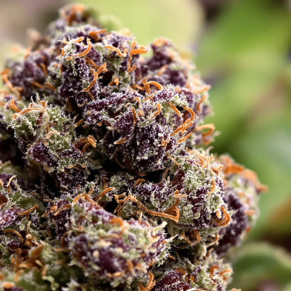 Primer plano de cogollo de cannabis Banana OG mostrando cálices densos con tonos morados