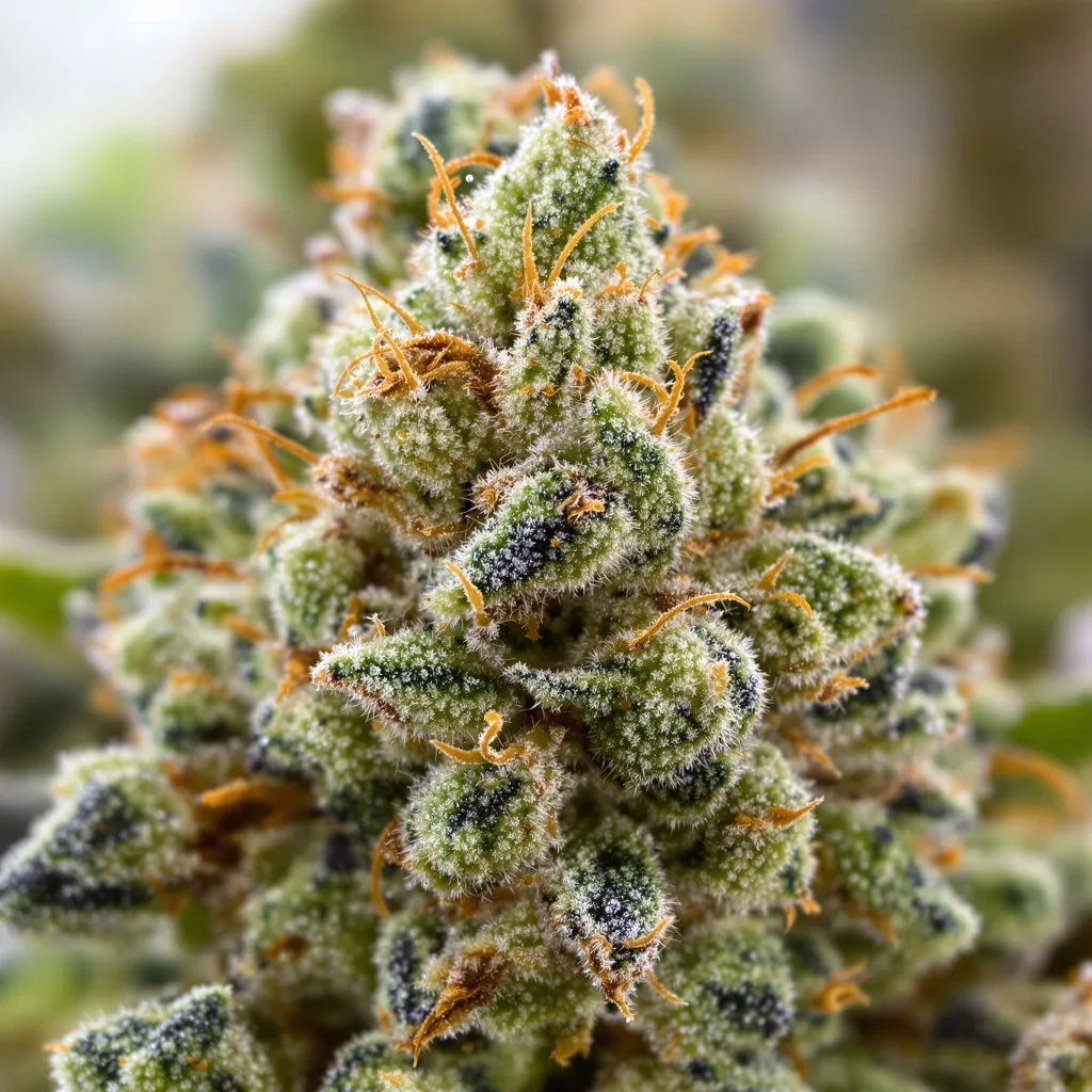 Primer plano de cogollo de cannabis Bandana mostrando estructura aireada verde lima