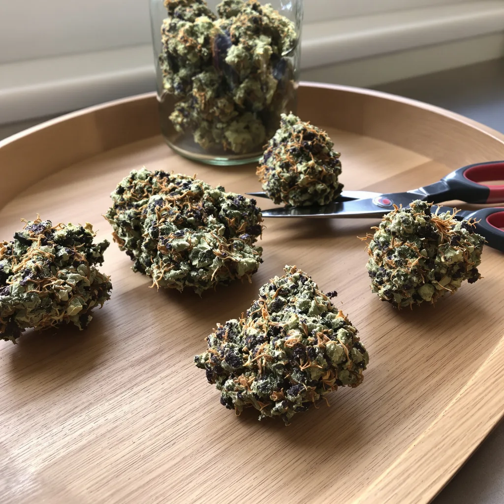 Batman OG 84% indica / 16% sativa — flor con tricomas visibles